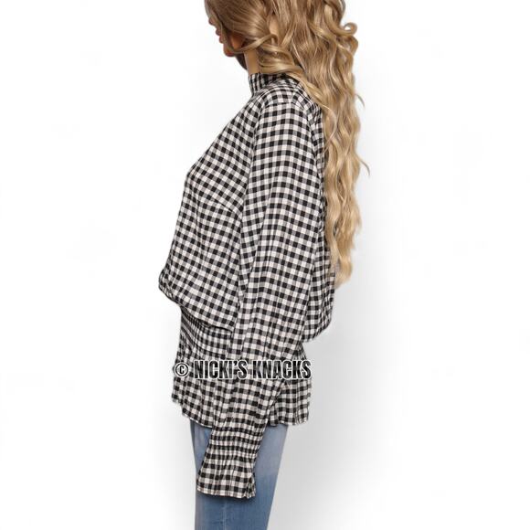 Gingham Smocked Waist Long Sleeve Blouse Black White Check H&M Top Size 14 - Picture 3 of 8